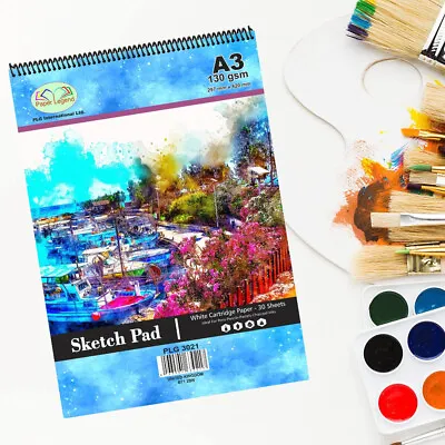 A3 Sketch Pad 30 Sheets 130 Gsm Spiral Double Sided White Smooth Cartridge Paper • £8.79