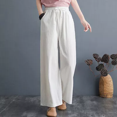 Women Pants High Waist Cotton Linen Loose Straight-Leg Comfortable Soft Trousers • $29.43
