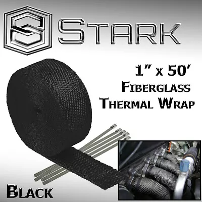 1  X 50FT Exhaust Header Fiberglass Heat Wrap Tape W/ 5 Steel Ties - Black (H) • $20.99