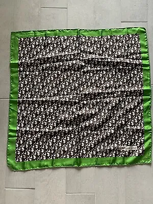Very Good Christian Dior Trotter Monogram Silk Scarf In Dark Brown W Green Edge • $199.95