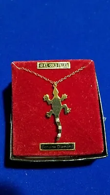 Nos/vtg/alligator Pendant Necklace/12kt.gold Filled/3-genuine Diamonds/15  Chain • $13.50