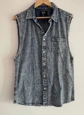 STRAY Mens Acid Wash Denim Sleeveless Shirt Sz M 100% Cotton Button Up Collared • £15.63