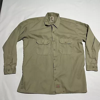 Vintage Dickies Men’s Long Sleeve Button Shirt Khaki Tan Work Shirt LARGE Pocket • $12.95