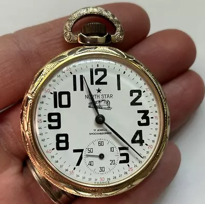 Vintage North Star 17 Jewel Pocket Watch Gold Plated Running Railroad Train • $76