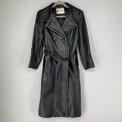Bullocks Women Leather Coat Black Leather Trench Double Breasted Vintage Belted • $59.99