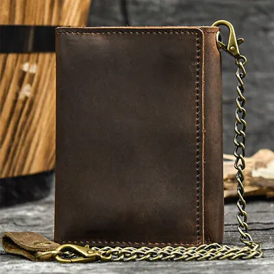 Men Leather Tri-fold Vintage Biker Chain Wallet With Snap Closur CARD Holder • £13.45