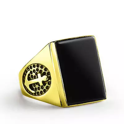 Anchor Ring In 10k Yellow Gold With Natural Black Onyx Stone Nautical Signet Ri • $589