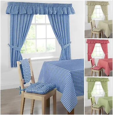 Gingham Check Curtains Kitchen Pure Cotton Readymade Pair Oven Glove Seat Pads • £11.94