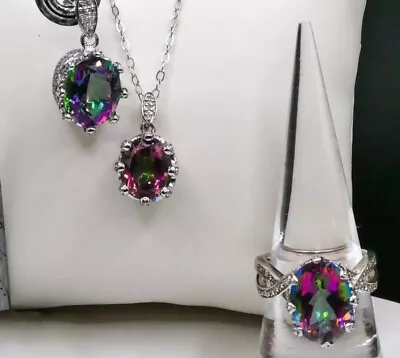 Sterling Silver Mystic Quartz Jewelry Set Necklace Pendant Ring Earrings Suite • $54