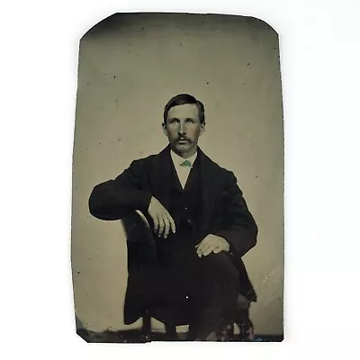 Tinted Necktie Mustache Man Tintype C1870 Antique 1/6 Plate Chair Photo A2915 • $29.95