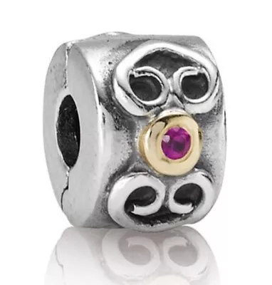 Genuine Pandora Double Heart Silver 14ct Gold Red Pink Sapphire Clip #790382 • £29.99