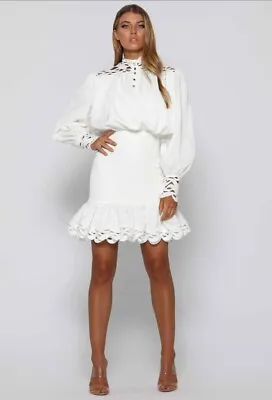 Elle Zeitoune Dress White Ruffle Sz 10 Lace Gold Satin High Neck Bubble Hem $499 • $200.93