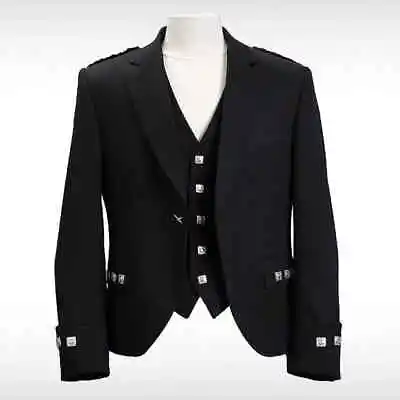 New Black Argyle Kilt Jacket With Vest Scottish Argyll 100% Wool Jacket For Men • $69.99
