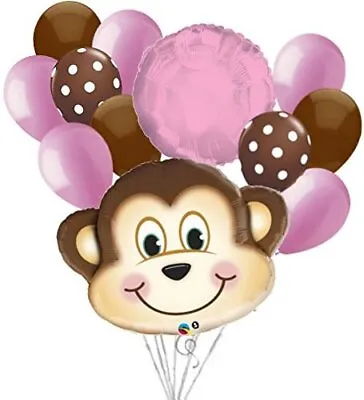 12pc Mischievous Monkey Balloon Bouquet Party Decoration Baby Girl Birthday Pink • $15.15