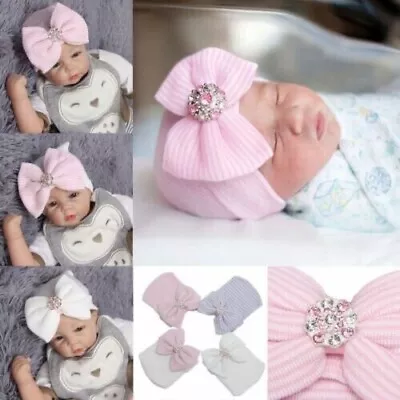 Newborn Baby Girl Infant Soft Striped Hat Crystal Bow Cap Beanie Headband UK • £3.65