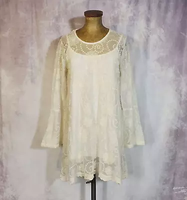 INDIGO SOUL Boho Peasant Layered Lace Tunic Dress Bell Sleeve & Slip SMALL Ivory • £15.44