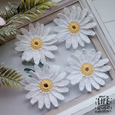 4 Handmade White Crochet Daisy Flowers Chamomile Applique Craft Card Making Sew • £6.09