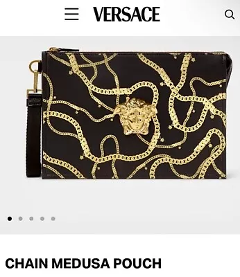 Authentic NEW Versace Chain Medusa Pouch Clutch Wristlet Bag Black Gold Leather • $1500