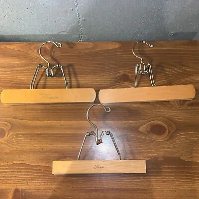 3 Vintage Wooden Clamp Clothes Hangers Sears & Nevco Slacks Skirts Pants 9 /10” • $8