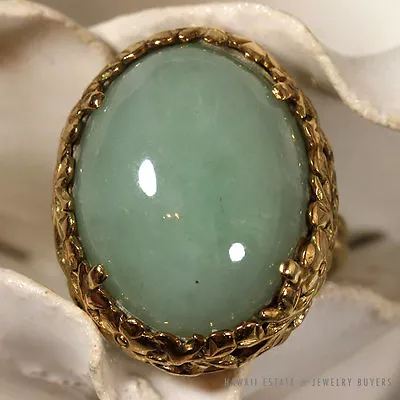 Ming's Hawaii Floral Oval Jade Cabochon 14k Yellow Gold Ring Sz 3.75 Mings Jade • $1800