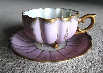 Royal Sealy Japan Pink / Purple & Gold Opalescent 3 Footed Tea-cup & Saucer • $45