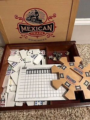 Mexican Train Dominoes Game Wood Storage Box Complete!! • $30