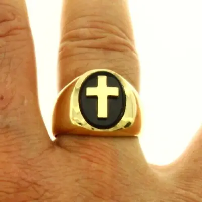 Cross Religious Oval Black Onyx Men Ring New Real 14k Yellow Gold 7 Gr Size 10 • £586.01