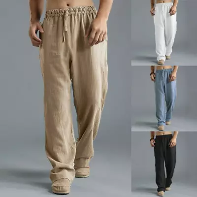 Mens Cotton Linen Pants Drawstring Loose Baggy Elasticated Beach Lounge Trousers • $29.39