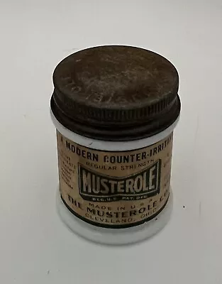 Musterole Counter Irritant • Milk Glass Embossed W Label & Lid • Cleveland Ohio • $18.95