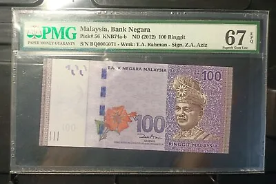 Malaysia Banknote Rm100 Pmg67epq Low Number Bq0000071 Zeti Gabenor • $118