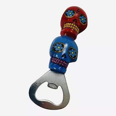 Day Of The Dead Sugar Bottle Opener Two Skull Barware Red Blue Floral Mexico • $17.99