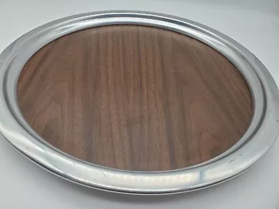 Vintage Serving Tray Wood Grain Laminate 14  Silver Rim Round MCM Barware 70s • $25