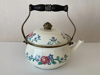 $23.95 • Buy Normandy Enamel Tea Kettle Teapot Wood Handle Floral Vintage