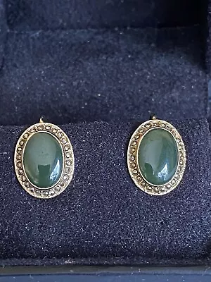 Vintage Yellow Gold Gilt Sterling Silver Jade And Marcasite Screw Back Earrings  • £25