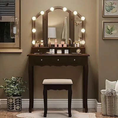 Vanity Desk Makeup Vanity Set With Lighted Mirror &Stool Dressing Table (Brown) • $139.97