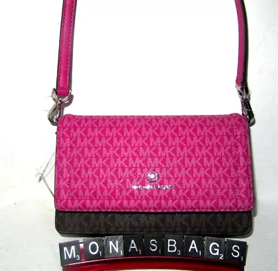 Michael Kors Jet Set Charm Small Phone Crossbody Wallet Bag Fuchsia Pink Brown • $79.99
