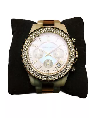 Michael Kors Mother Of Pearl Chronograph Dial Crystals MK5417 Horn & Gold Watch • $164.06