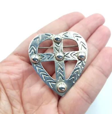 925 Sterling Silver Made In Mexico Heart Cross Sacred Heart Milagro Pin Brooch  • $46