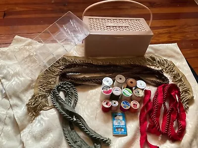 Vtg Sewing Box W/Supplies Needles Wooden Thread Spools Cording Trims Needles • $10.50