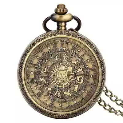 Antique Bronze Full Hunter Vintage Quartz Pocket Watch Necklace  With Chain Gift • £10.99