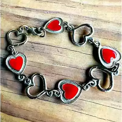 Vintage Heart Bracelet 1960s Link Silver Tone Red Children's Kids Girls Petite • $15.97