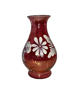 Vintage Glass Vase Cranberry Hand Painted White Flowers • $15.29