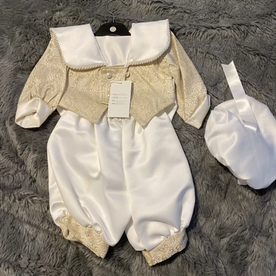 Was £42 LYNNAT Baby Boys 3Piece WHITE Outfit Tailed Waistcoat & Hat 6-12months • £12