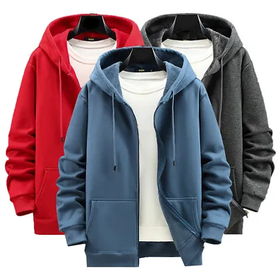 Men Fleece Zipper Hoodies Jacket Sweatshirt Cardigan Coat Solid Color Loose D • £20.89