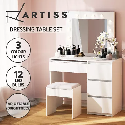 Artiss Dressing Table LED Makeup Mirror Stool Set 12 Bulbs Vanity Desk White • $185.95