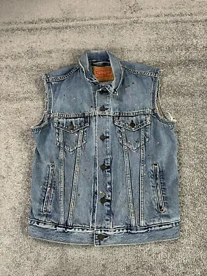 Levis Vest Mens Small Blue Jean Crossover Paint Splatter Art Deco Punk Denim • $29