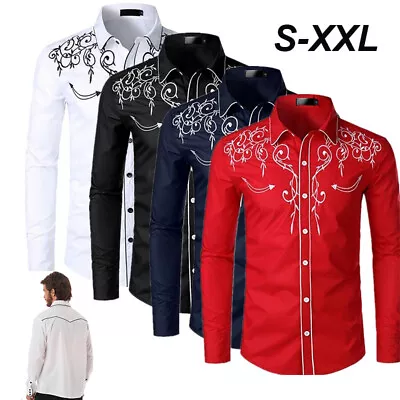 Mens Retro Western Buttons Down Shirt Cowboy Long Sleeve Casual Embroidery Shirt • £13.79