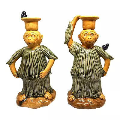 Pair Of 1970s Majolica Monkey Birds Taper Candle Holders 9” • $275