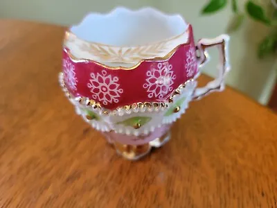 Vintage Porcelain Mustache Tea Cup Mug Germany 18 Gold Gilt Pink White Green  • $19.99