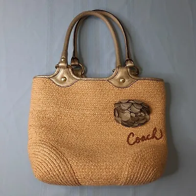 Coach Bleecker Straw Bag Beige With Light Brown/Tan Leather  Flower Purse • $29.88